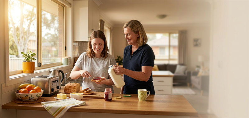 Compassionate support worker assisting a participant with daily personal care at home