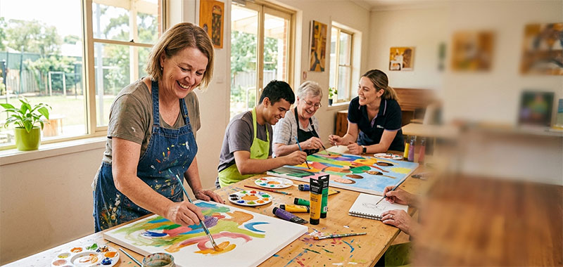 Participant engaged in a creative community art programme, smiling with peers